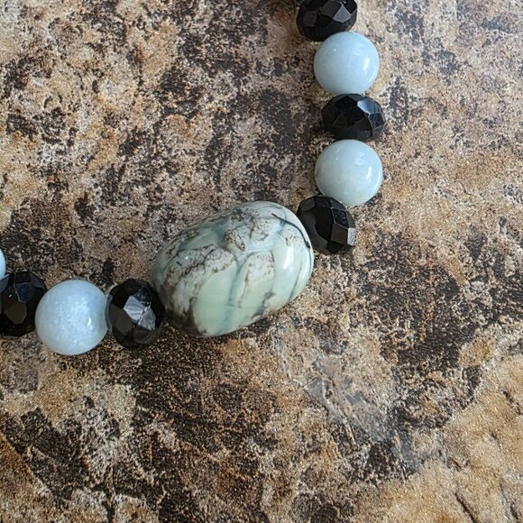 Handmade Beaded Stretch Bracelet with Tourmaline Quartz Light Blue & BlacK - Picture 3 of 4